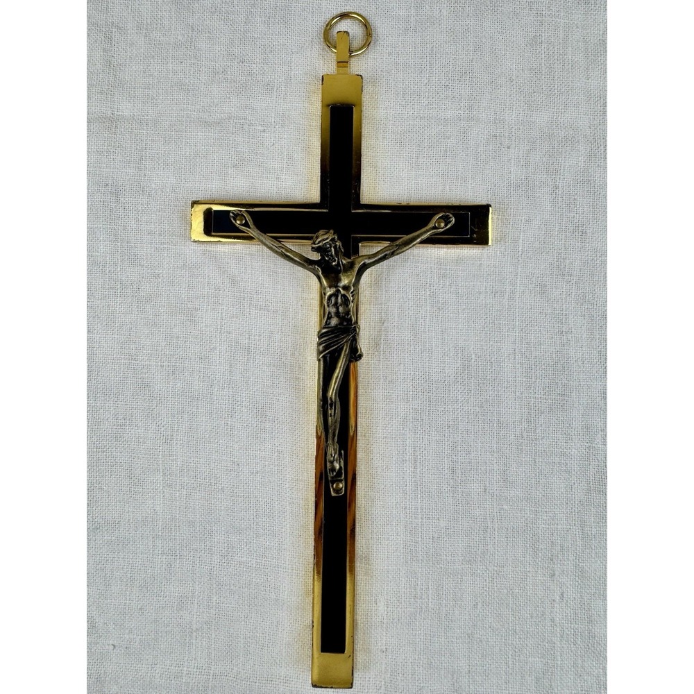 Vintage 8" Clergy Pectoral Crucifix Heavy Brass Ebony Wood Priest Nun Cross Goth